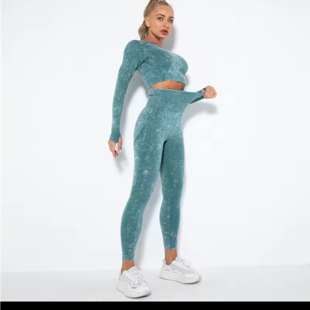 Women work out Set Seamless High-Waist Teal Tie-Dye Leggings